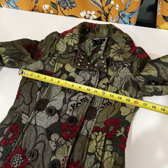 Neslay Paris Women Sz S Jacquard Long Blazer Jacket Black Green Floral Fairy - Picture 9 of 10